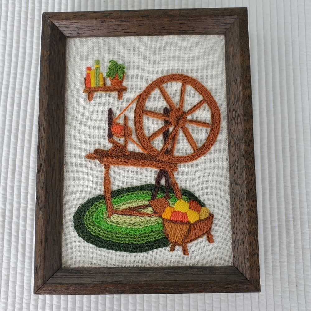 Embroidered Spinning Wheel Crewel Work 8x6 Framed Handmade Needlepoint Vintage